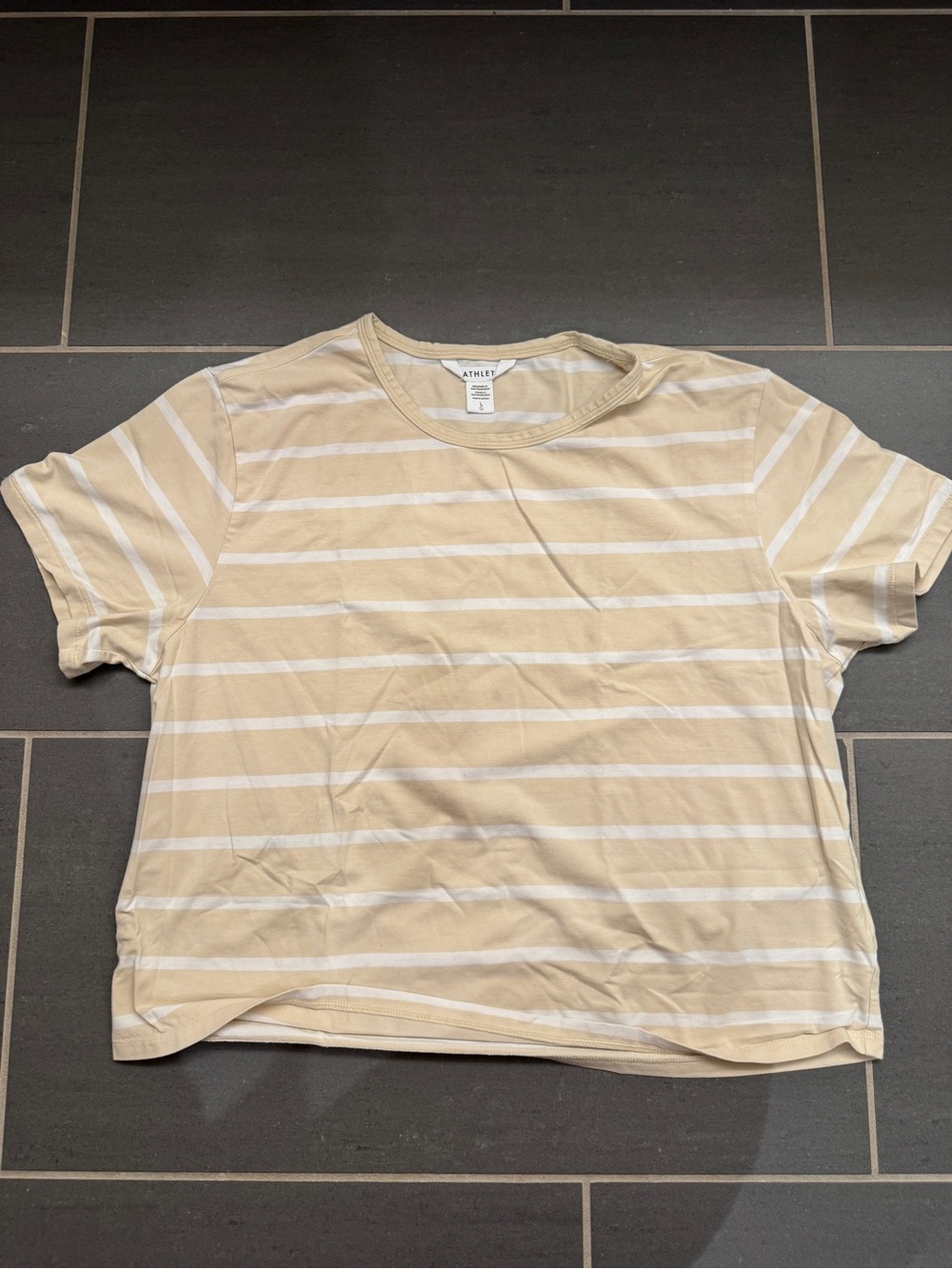 Athleta Beige and White Striped Short Sleeve Crew Tee Top